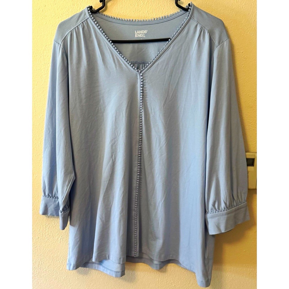 Lands' End Blue V-Neck Shirt Pom Pom Trim 3/4 Sleeve Women's Size L 14-16